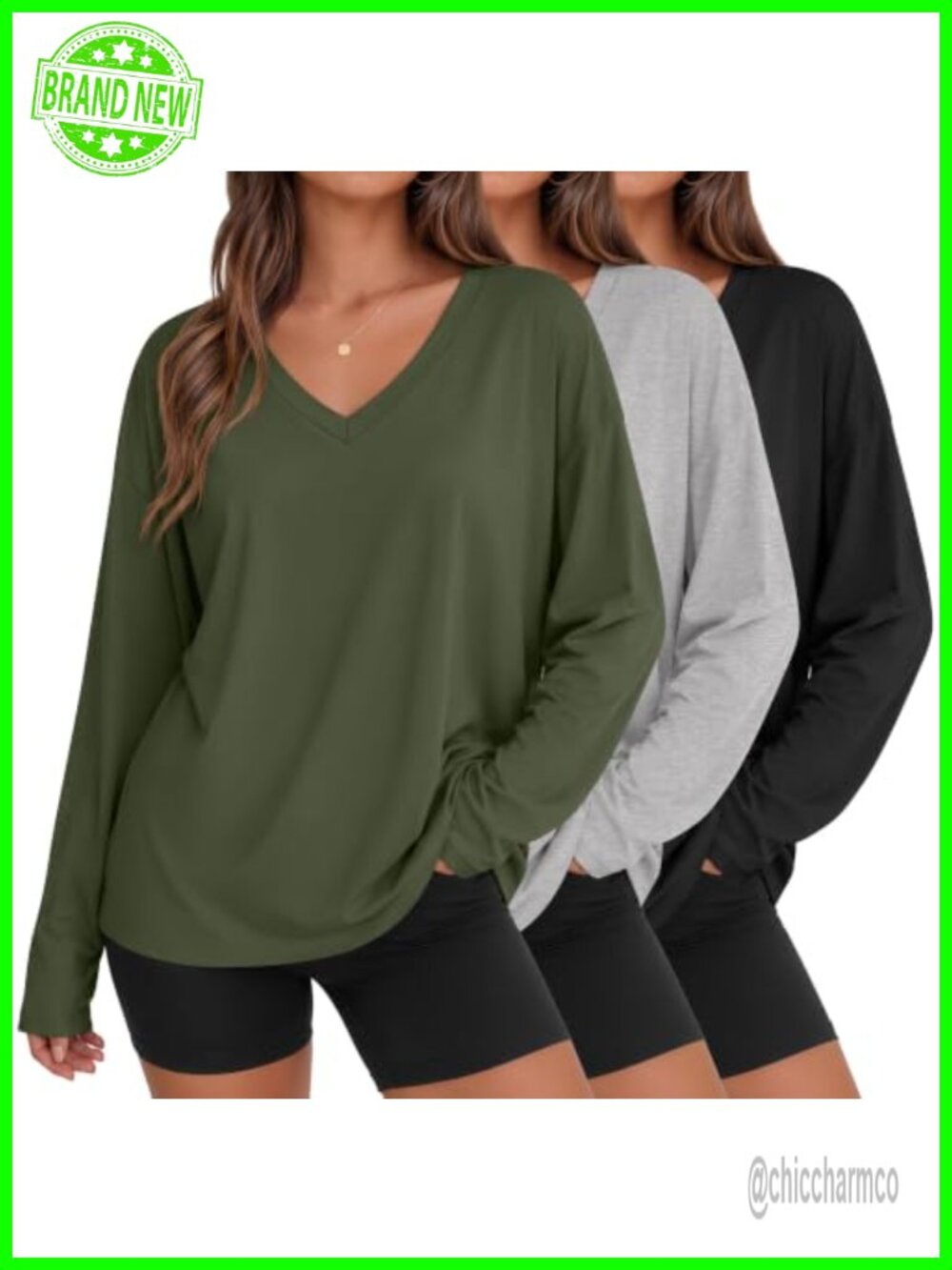 Oversized Long Sleeve V Neck T-Shirts 3 Pack Cotton Blend Relaxed Fit